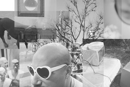 Un collage en noir et blanc composé de plusieurs photographies superposées : un homme chauve portant des lunettes de soleil en forme de cœur, des mannequins de vitrine, un portrait ancien encadré, un arbre dénudé, un chien, et de vieux téléviseurs abandonnés à l'extérieur.